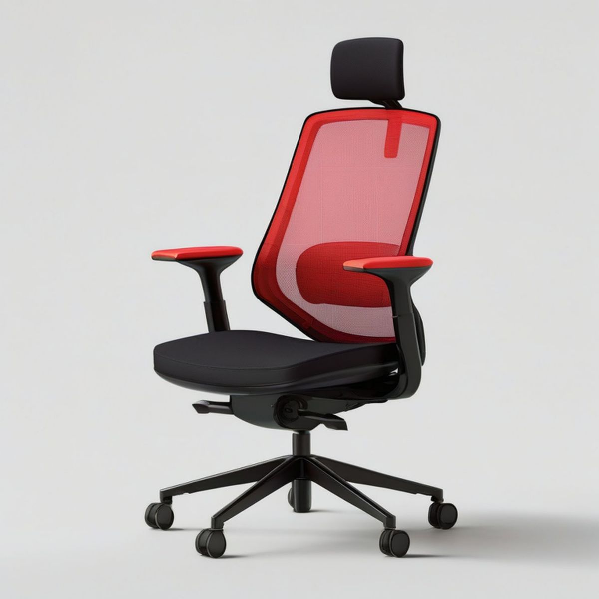 Ergonomiczny fotel biurowy z zagłówkiem i siatkowym oparciem, czerwono-czarny, 66 x 66 x 120–130 cm