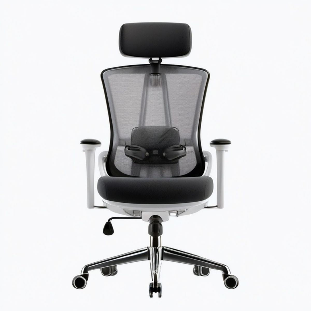 Ergonomiczne obrotowe krzesło biurowe z zagłówkiem i regulowanym podparciem lędźwiowym, czarno-srebrne, 68 × 68 × 118–128 cm