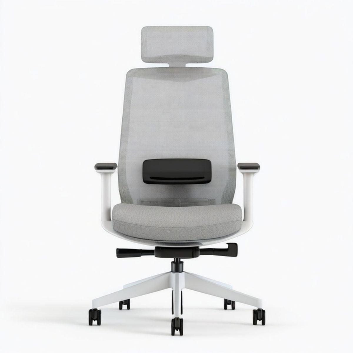 Ergonomiczny szary fotel biurowy obrotowy z zagłówkiem i podparciem lędźwiowym 64 x 64 x 119–129 cm
