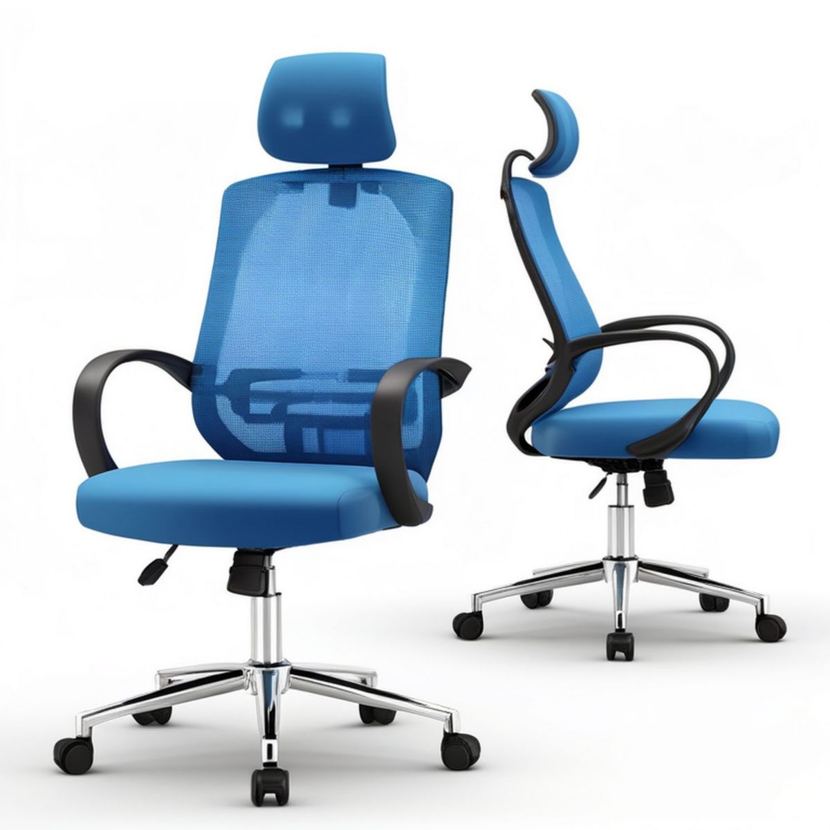 Ergonomiczny fotel obrotowy z zagłówkiem i siatkowym oparciem 64 x 64 x 117–127 cm, niebiesko-czarny