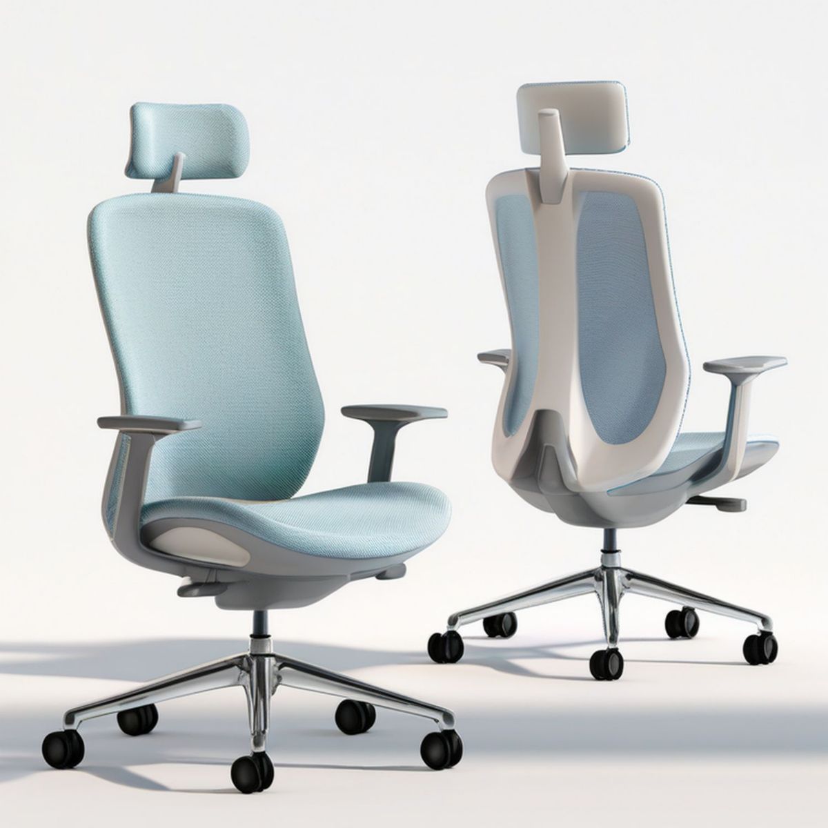 Ergonomiczny fotel biurowy obrotowy z regulowanym zagłówkiem i podłokietnikami, 65 × 65 × 120–130 cm, jasnoniebieski/biały/szary/czarny